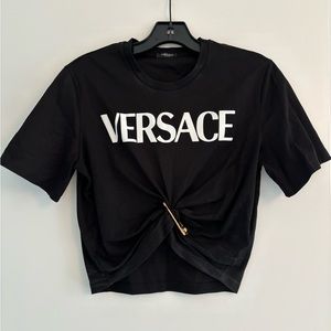 Black crop Versace t shirt .Super cool graphic on back. Classic Versace gold pin